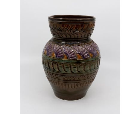 Christopher Dresser for Linthorpe art pottery, sgraffito decorated baluster vase. Impressed HT monogram (Henry Tooth). 22 cm 