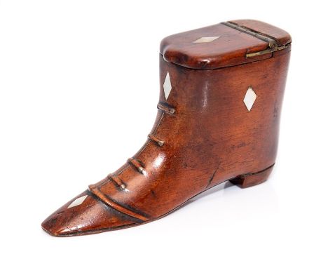 A mid 19th Century treen table shoe snuff box, carved laces, inlaid mother of pearl lozenges, inlaid brass tack, hinged cover