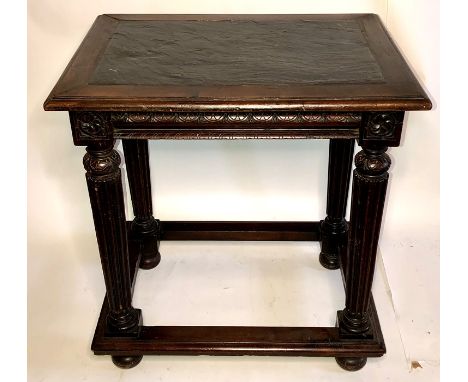 An early 19th Century French fruitwood hall table, circa 1810, rectangular moulded top with tile inlay, above floral carving,
