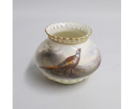 A Royal Worcester Vase with a pierced, painted with a Pheasant.  Signed by Jas Stinton. Shape 1045G.Date: code 1903  Green ma