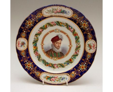 A mid-nineteenth century Sevres-style shaped circular porcelain plate, decorated with a portrait panel of Henri de Guise, wit