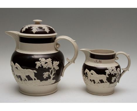 Two early nineteenth century Chetham and Woolley feldspathic stoneware jugs, circa 1810-20. Both decorated with hunting scene