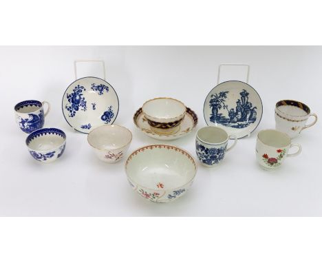 A group of late eighteenth century blue and white transfer printed and hand-painted Worcester and Caughley porcelains, circa 