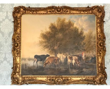 Thomas Sidney Cooper R.A. (British, 1803-1902), cattle grazing in a water meadow, two figures conversing among trees to the r