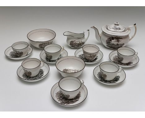 An early nineteenth century Thomas Wolfe bat printed tea service, circa 1810. Each piece is decorated with a scene of a boy p