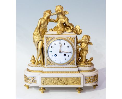 A 19th Century French marble and ormolu mounted eight day mantle clock, applied with a figure of a lady with two cherubs, wit