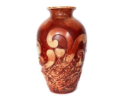 A Bretby Art Pottery large vase with sang de boeuf glaze decoration on moulded fish and wave motifs, No. 470 height 45 cm (1)