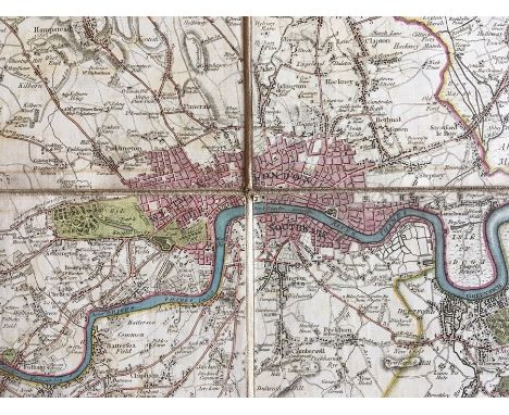 Faden, William (1749-1836). George III period map of London, 1795. Hand-coloured copper engraving on laid/chain-lined paper; 