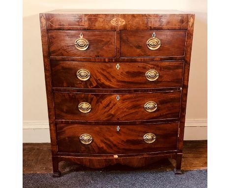 A George III mahogany bow front chest of drawers, circa 1820, satinwood shell inlaid frieze above two short and three long dr