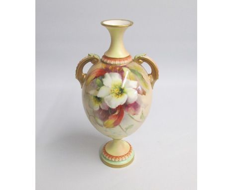 A Royal Worcester Glazed Ivory Twin handled Vase, lavishly painted with flowers Shape 2304Date: coded 1903  Black markSize: 2