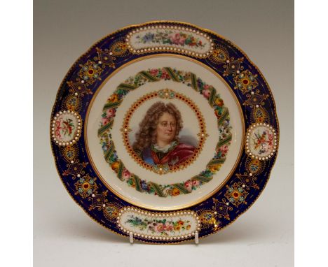 A mid-nineteenth century Sevres-style shaped circular porcelain plate, decorated with a portrait panel of de Villars, within 