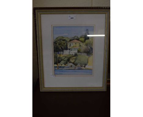 ANNE WILES, STUDY OF A CONTINENTAL VILLA, WATERCOLOUR, TOGETHER WITH FURTHER COLOURED PRINT OF A BOOKWORM (2)