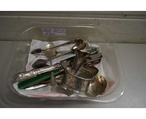 BOX OF MIXED CUTLERY, SMALL STEM VASE, NAPKIN RING ETC