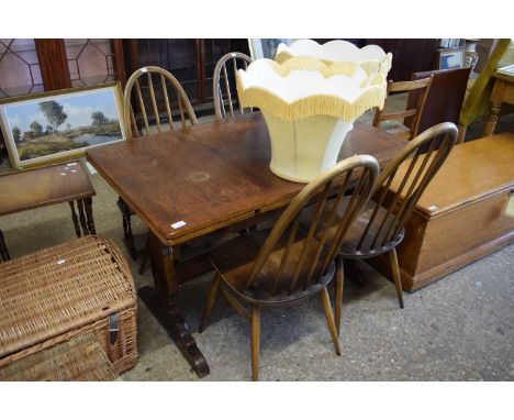 ERCOL DRAW LEAF DINING TABLE AND FOUR STICK BACK CHAIRS