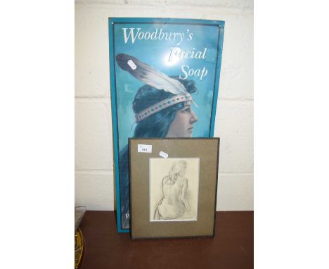 MODERN METAL ADVERTISING PICTURE 'WOODBURY'S FACIAL SOAP' PLUS A FURTHER BLACK AND WHITE PRINT OF A NUDE (2)