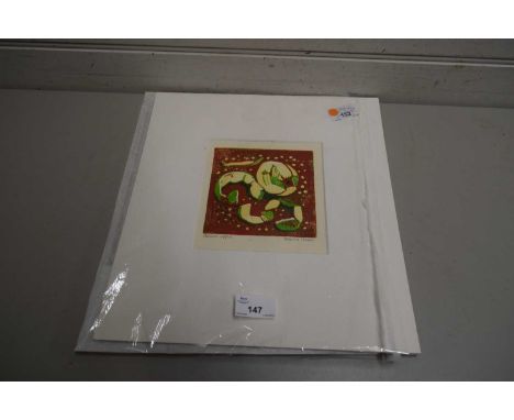 Elaine Nason (British Contemporary ), An unusual woodblock print of a peeled apple. Woodblock, signed and inscribed. 5x6ins