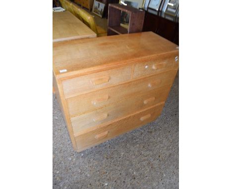 IN THE STYLE OF HEALS, MID CENTURY LIGHT OAK FIVE DRAWER CHEST WITH CUP HANDLES, 107CM WIDE