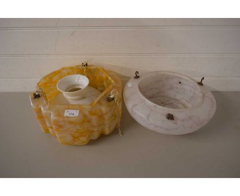 TWO MARBLED GLASS CEILING LIGHT SHADES AND A FURTHER OIL LAMP SHADE