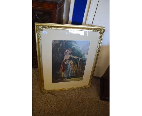 AFTER GEORGE BAXTER, LARGE COLOURED PRINT, LADY BY A GATE WAY, F/G, 100CM HIGH