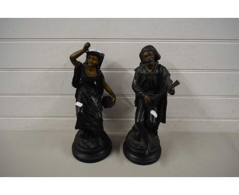 PAIR OF CONTINENTAL BLACK GLAZED CERAMIC FIGURES OF LUTE AND TAMBOURINE PLAYERS