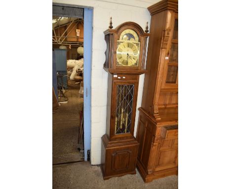 MODERN OAK CASED TRIPLE WEIGHT LONGCASE CLOCK WITH LEAD GLAZED DOOR