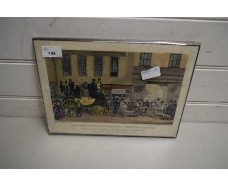 COLOURED PRINT 'THE BLENHEIM COACH LEAVING THE STAR HOTEL, OXFORD', MOUNTED ON A BOARD BACK