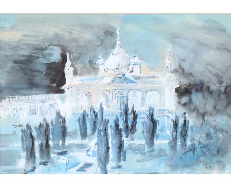 British School - Indo-Saracenic Orangery at Sezincote, 20th century watercolour with gouache, indistinctly signed, 16.5cm x 2