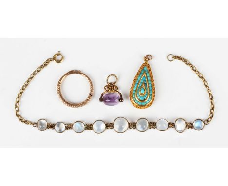 A silver gilt bracelet, spectacle set with graduated moonstones, on a boltring clasp, detailed 'Sterling', weight 4.9g, lengt