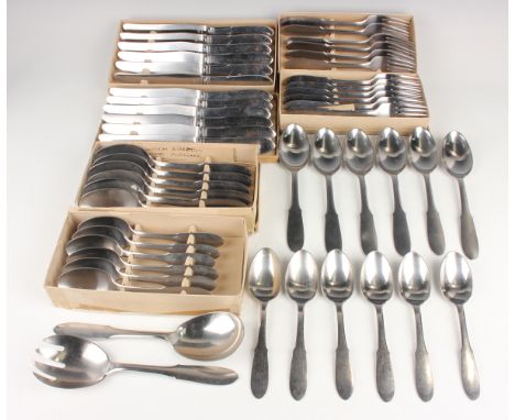 A Georg Jensen canteen of stainless steel Canute pattern cutlery, designed by Gundorph Albertus, comprising twelve table kniv