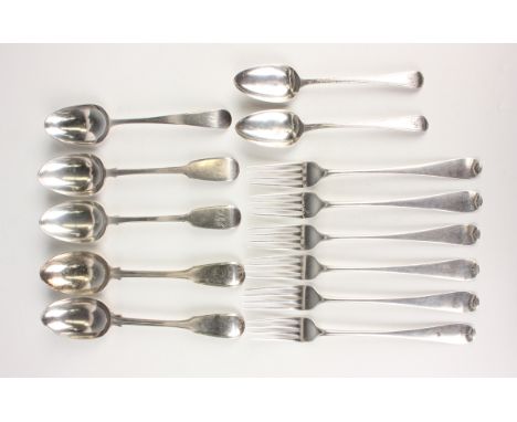 A set of six George III silver Hanoverian pattern table forks, London 1797, no maker's mark, length 21cm, and a group of silv