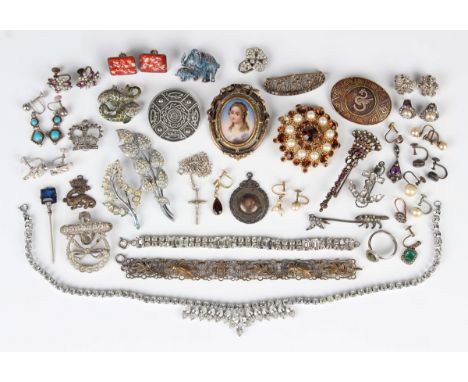 A group of mostly costume jewellery, including a gold, garnet and seed pearl pendant earring, unmarked, weight 2.3g, length 2