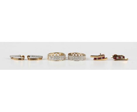 A pair of 9ct gold and diamond earrings, each mounted with two rows of circular cut diamonds, length 1.5cm, a pair of 9ct gol
