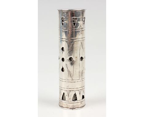 A rare William &amp; Mary silver nutmeg grater, the cylindrical case with pierced geometric decoration and simple line engrav