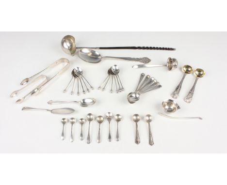 A group of silver, including a serving spoon with pierced terminal, Sheffield 1906 by Allen &amp; Darwin, length 21cm, a sift