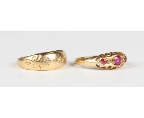 An 18ct gold, ruby, diamond and red gem set five stone ring, Birmingham 1918, ring size approx M, and an 18ct gold and diamon