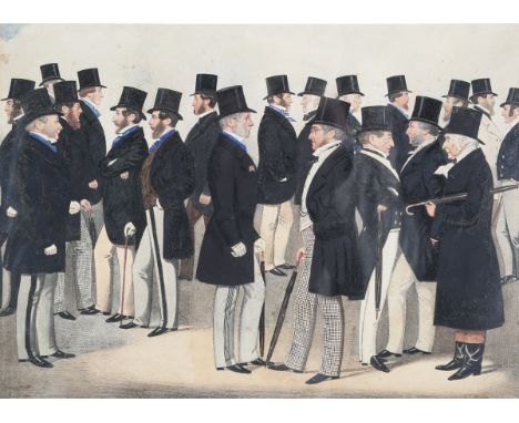 Richard Dighton Junior - Meeting at Tattersalls, 19th century lithograph with hand-colouring, 19cm x 25.5cm, within a raked k
