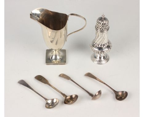 An Edwardian silver cream jug with reeded handle, on a square base, Sheffield 1903 by Joseph Rodgers &amp; Sons, height 11.5c