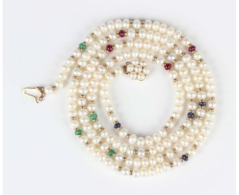 A single row necklace of freshwater cultured pearls, with emerald, ruby and sapphire beads at intervals, on a 9ct gold and cu