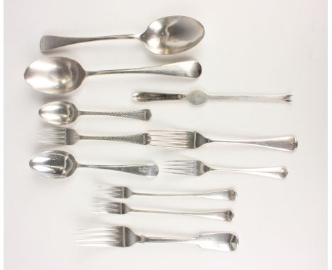 A pair of Edwardian silver Old English pattern tablespoons, Sheffield 1909 by Walker &amp; Hall, length 22.7cm, and a small g