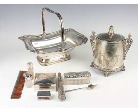 A small group of silver, including a square engine turned cigarette box, Birmingham 1926, a rectangular cut glass jar and cov