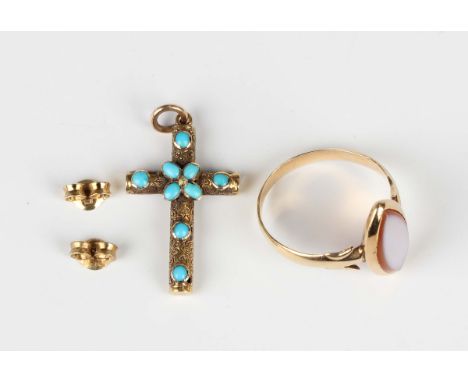 A gold and marquise shaped sardonyx signet ring, unmarked, weight 3.2g, ring size approx R, a Victorian gold and turquoise pe