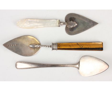 A Victorian silver butter spade with tiger's eye handle, London 1886 by Cornelius Desormeaux Saunders &amp; James Francis Hol