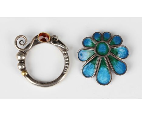 A Norman Grant Scottish silver and enamelled brooch, designed as a stylized flowerhead, Edinburgh 1972, width 3.8cm, and an A