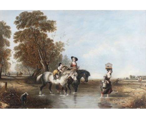 After Augustus Wall Callcott - Returning from Market (Crossing the Stream), 19th century lithograph with hand-colouring, 42cm