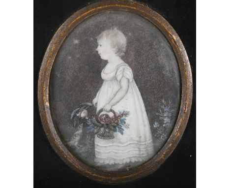 Circle of Catharine da Costa - Oval Miniature Full Length Profile Portrait of a Young Child wearing a White Gown and holding 