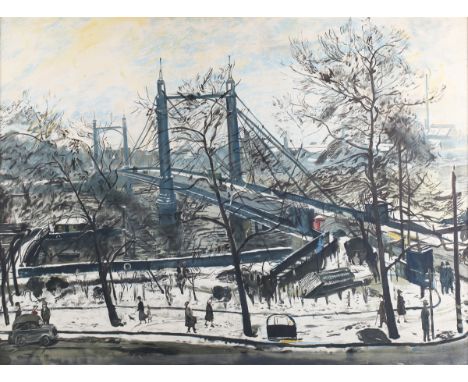 Carel Weight - Albert Bridge, lithograph in colours, printed by Chromoworks Ltd and published by J. Lyons 1947, 70cm x 95.5cm