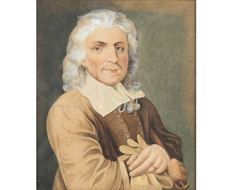 Circle of George Perfect Harding, after Jacob Huysmans - Half Length Portrait of Izaak Walton, 19th century watercolour, labe