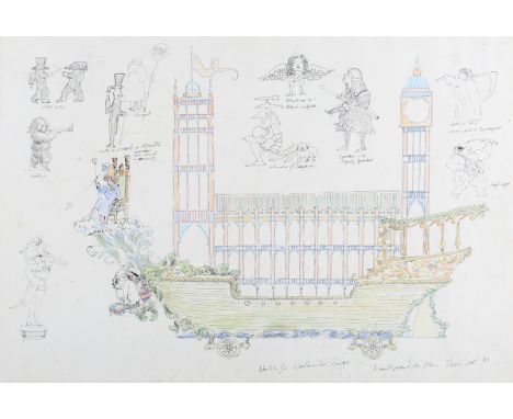 David West - 'Sketch for Westminster Barge', 20th century pen with ink and watercolour, signed, titled and dated '85, 36.5cm 