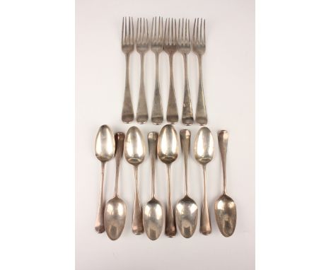 A set of six George II silver Hanoverian dessert spoons, crest engraved, London 1736 by W.T., length 20cm, together with eigh