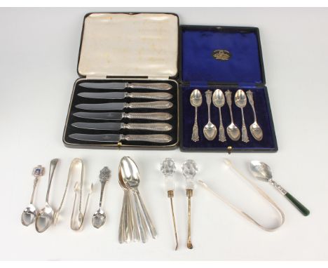 A set of six Edwardian silver teaspoons, Sheffield 1905 by Joseph Rodgers &amp; Sons, cased, a pair of silver gilt and cut gl
